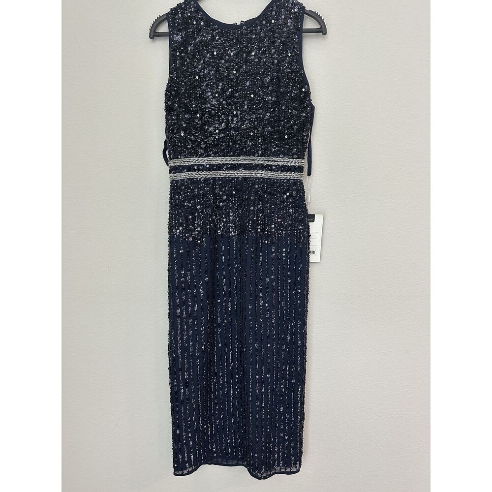 New Mac Duggal Navy Blue Sequined Sleeveless Evening Dress 10509 Size 2